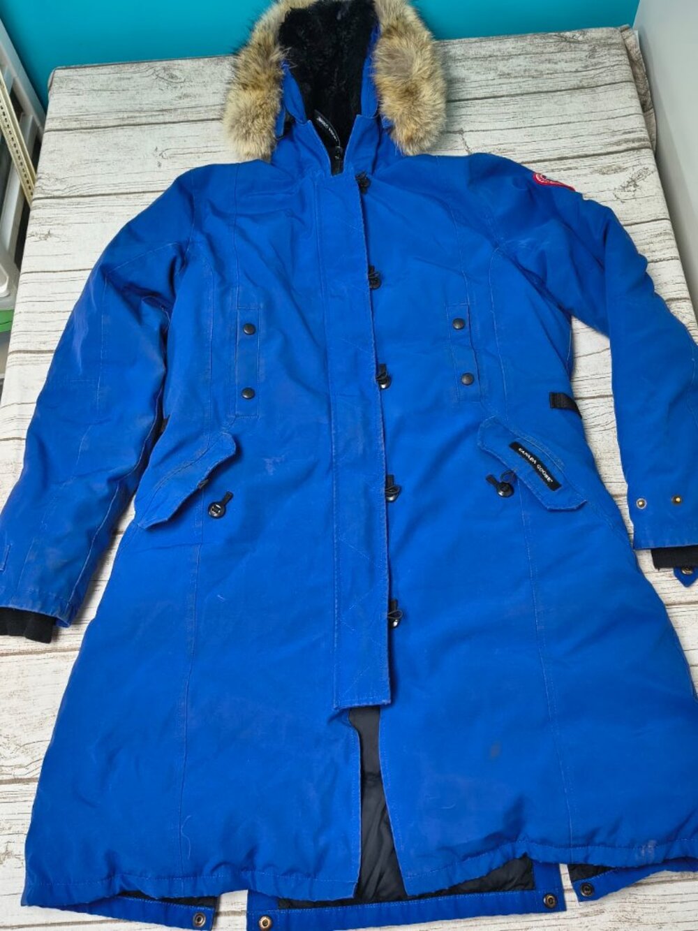 Canada Goose Royal Blue Down Kensington Parka Jacket Womens XL Real Fur